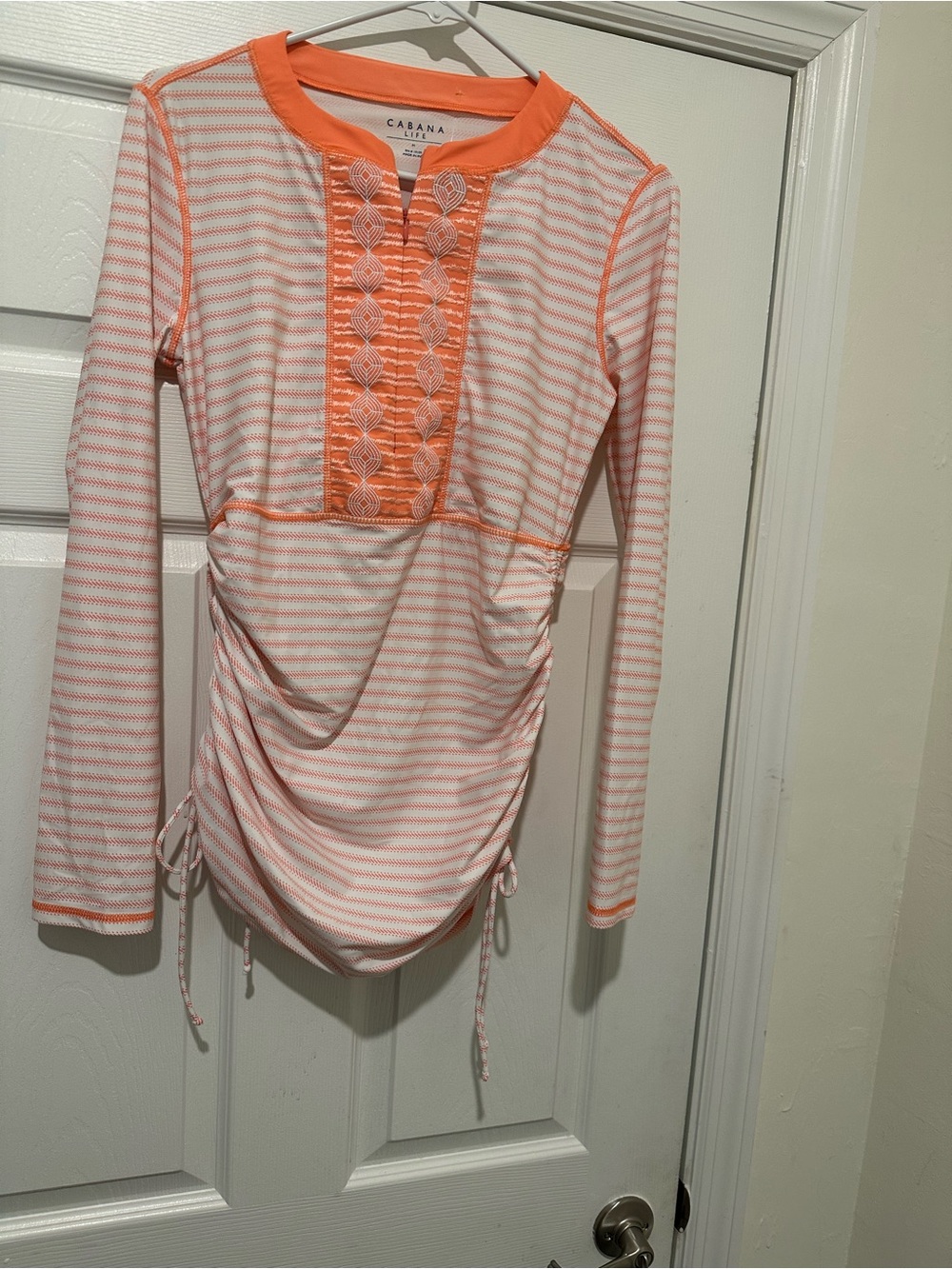 Cabana Life Pink Stripe Long-Sleeve Swim Tunic with Orange Lace Trim - Picture 3 of 8